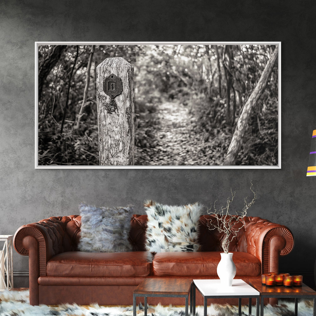 Trail Marker, Wooded Path, Rustic Forest, Natural Journey, Framed Canvas Print, farmhouse decor, nature lover gift, Autumn entryway art