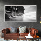 Pine Trees, Sandy Beach, Coastal Serenity, Driftwood Shore, Framed Canvas Print, neutral wall art, coastal rustic style, entryway landscape