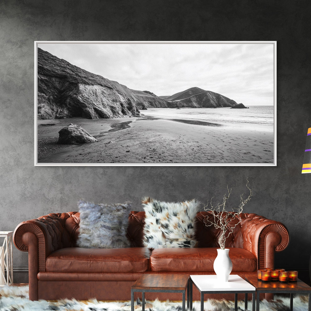 Coastal Cliffs, Ocean Shore, Scenic Beach, Framed Canvas Print, Nature Photography, Bathroom Wall Art, Neutral Tones, Coastal Home Decor