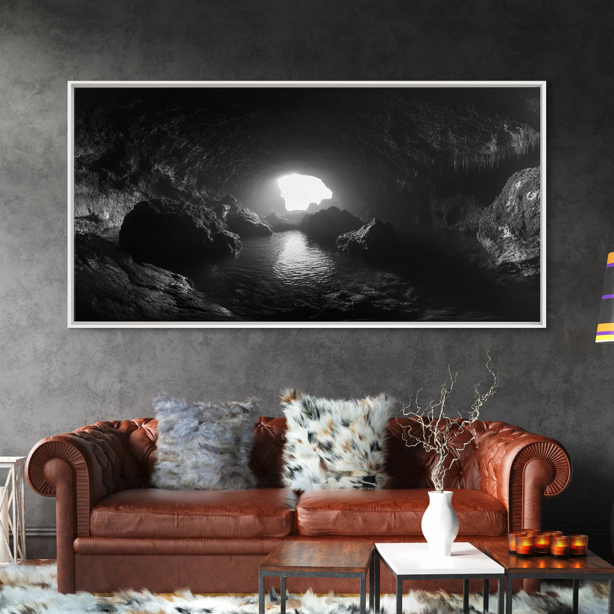 Sea Cave, Dark Ocean Cave, Natural Light Glow, Framed Canvas Print, Moody Nature Art, Living Room Wall Art, Monochrome Coastal Print