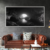Sea Cave, Dark Ocean Cave, Natural Light Glow, Framed Canvas Print, Moody Nature Art, Living Room Wall Art, Monochrome Coastal Print