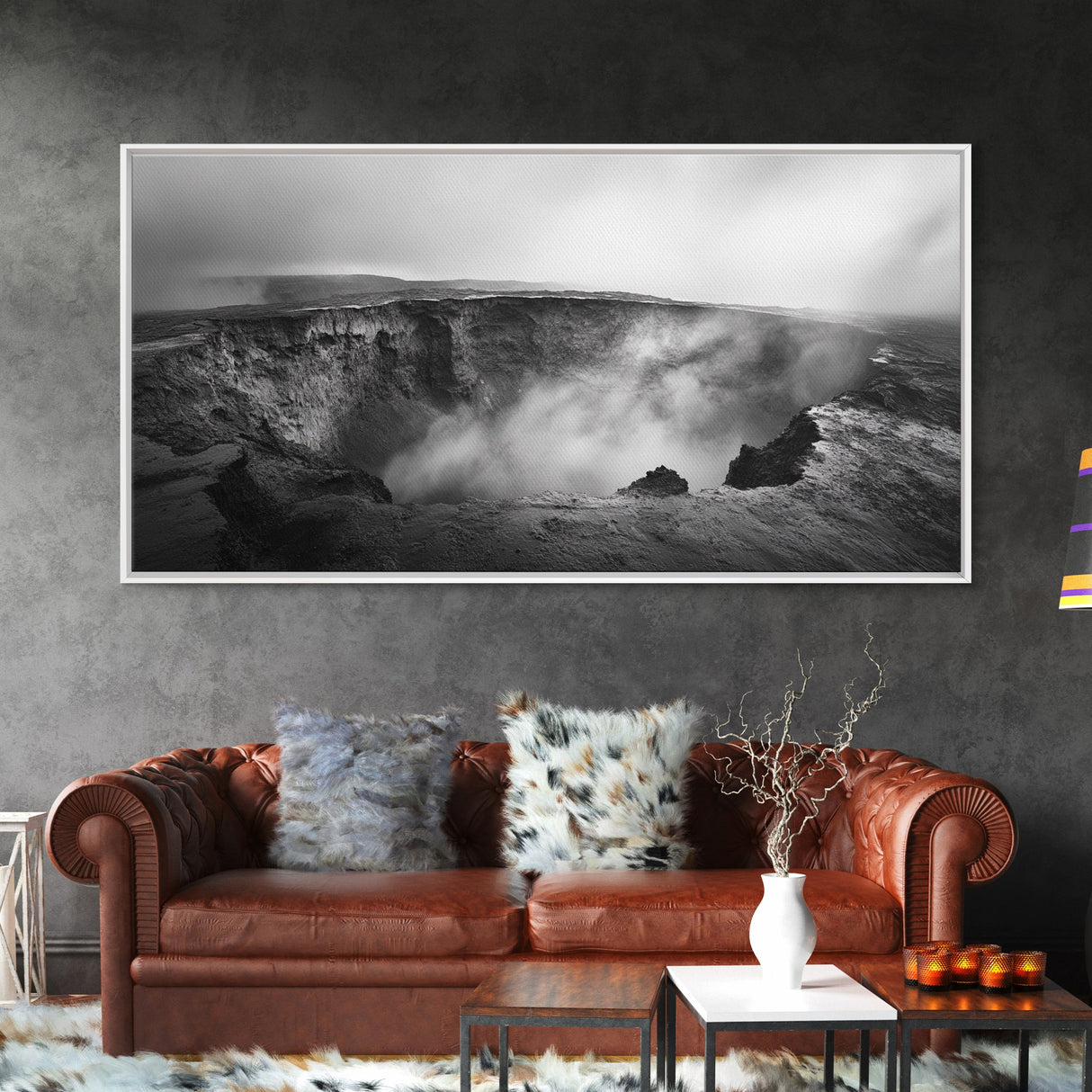 Volcanic Crater, Smoky Earth, Epic Landscape, Framed Canvas Print, Dramatic Nature Art, Study Room Decor, Moody Monochrome Photography