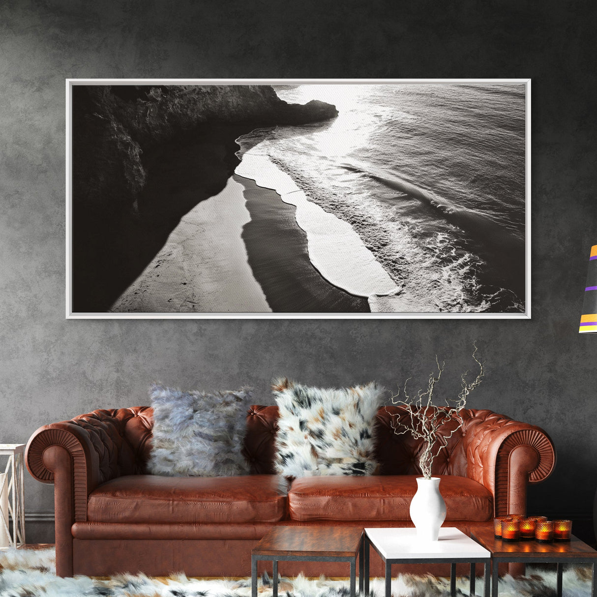 Shoreline Light, Coastal Waves, Cliff Shadow, Beach Edge, Framed Canvas Print, Ocean Minimalist Art, Bathroom Wall Decor
