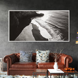 Shoreline Light, Coastal Waves, Cliff Shadow, Beach Edge, Framed Canvas Print, Ocean Minimalist Art, Bathroom Wall Decor