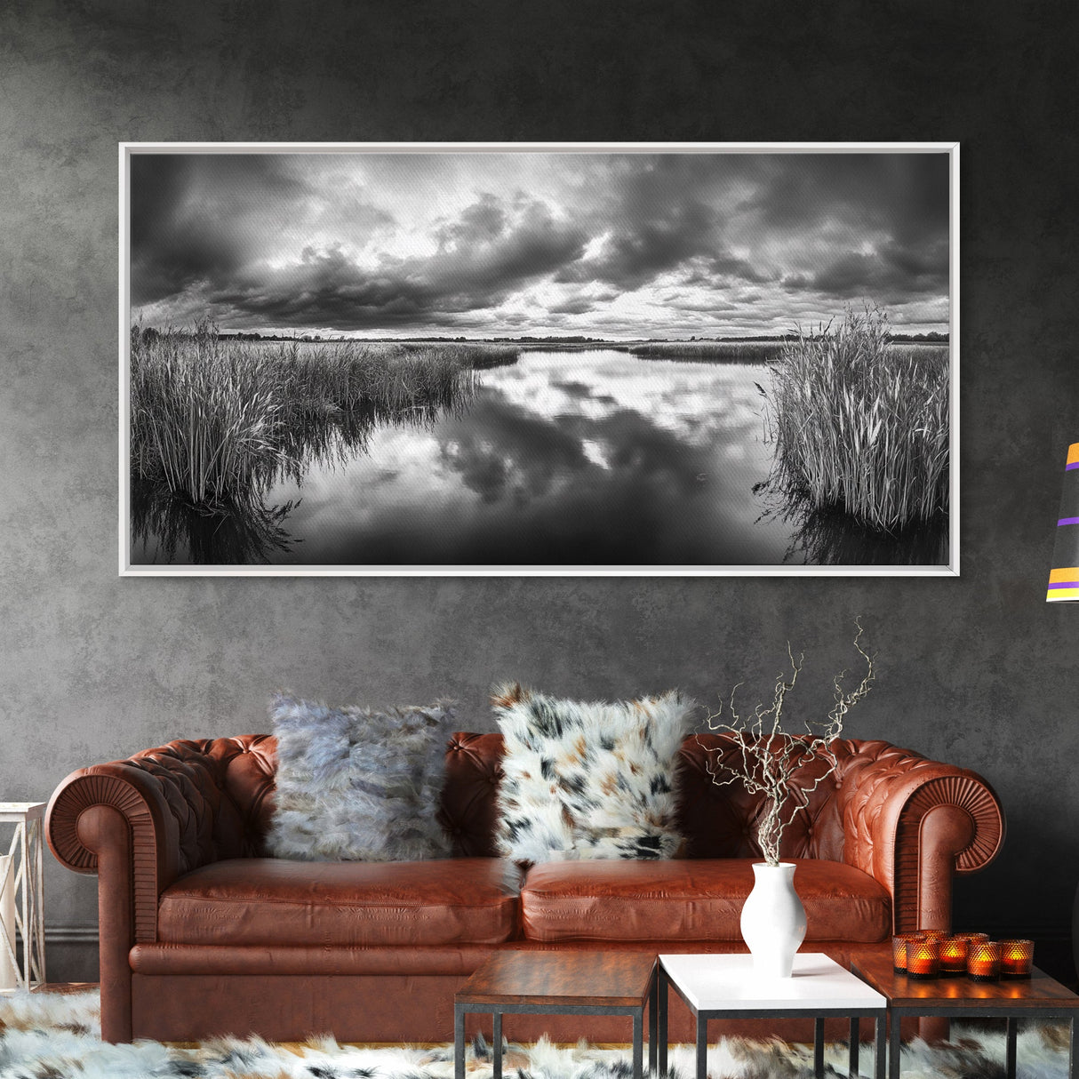 Stormy Marsh, Cloudy Sky, River Reflection, Framed Canvas Print, Nature Wall Art, Moody Landscape, Autumn Decor, Office Or Study Artwork