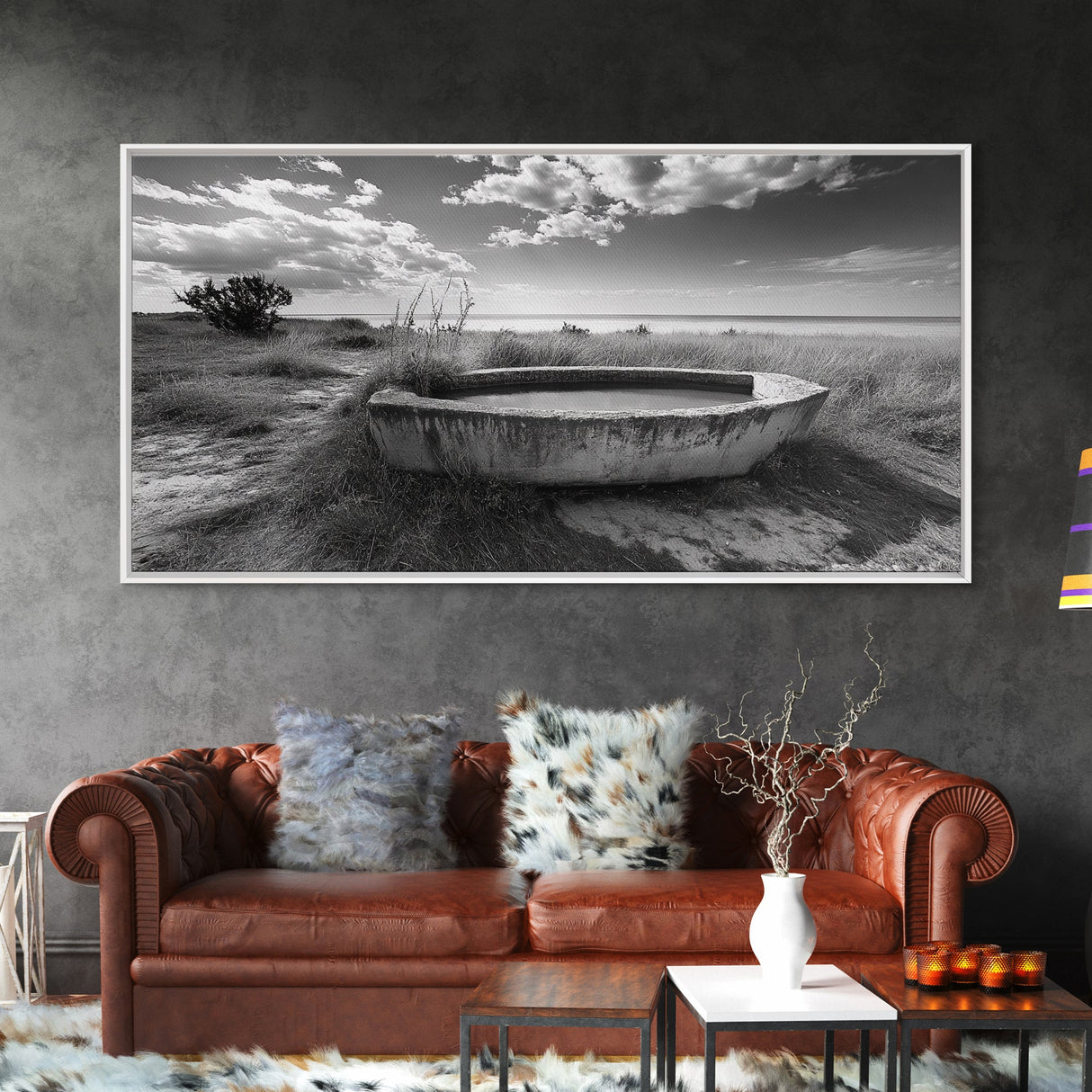 Concrete Trough, Coastal Horizon, Grassy Shoreline, Canvas Print, Rustic Farmhouse Bathroom Art, Minimalist Nature, Fall Beach Wall Decor