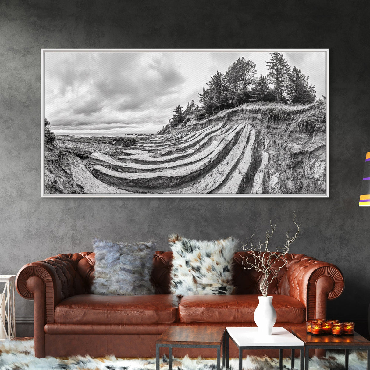Striped Cliffs, Coastal Layers, Forest Edge, Earth Patterns, Framed Canvas Print, Nature Abstract Art, Bedroom Wall Decor