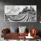 Striped Cliffs, Coastal Layers, Forest Edge, Earth Patterns, Framed Canvas Print, Nature Abstract Art, Bedroom Wall Decor