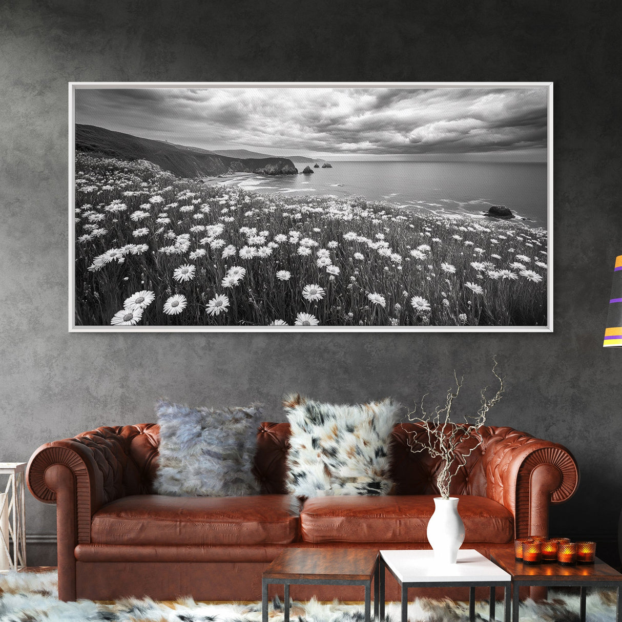 Coastal Flower Field, Ocean Meadow Scene, Seaside Wildflower Landscape, Serene Botanical Print, Living Room Art, Canvas Print
