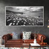 Coastal Flower Field, Ocean Meadow Scene, Seaside Wildflower Landscape, Serene Botanical Print, Living Room Art, Canvas Print