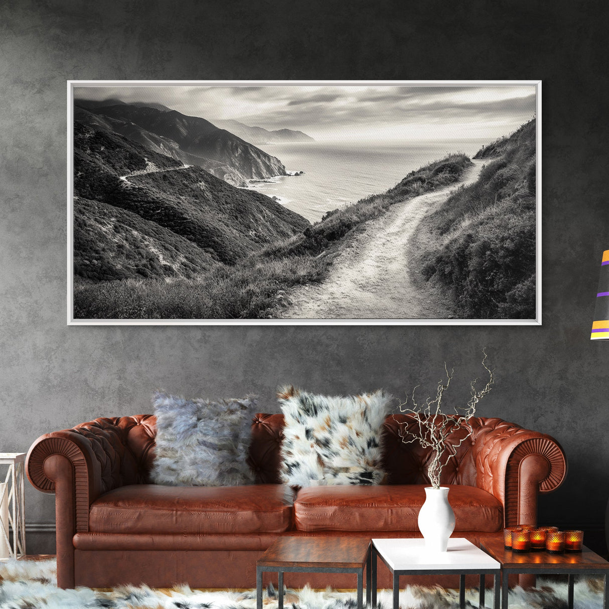 Cliffside Trail Path, Coastal Hiking Print, Rugged Ocean View, Nature Adventure Wall Art, Rustic Modern Decor, Framed Canvas Print