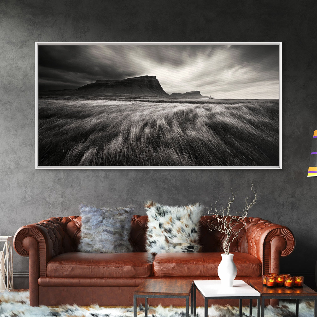 Grassy Plains, Stormy Sky, Dramatic Mountain, Monochrome Field, Canvas Print, Modern Minimalist Art, Office Wall Decor, Moody Wall Art
