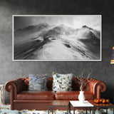 Snowy Peak, Windy Mountain, Winter Landscape, Framed Canvas Print, Black and White Art, Cabin Wall Decor, Moody Alpine Art, Rustic Wall Art