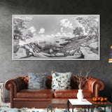 Rocky Cove, Tranquil Bay, Forest Edge, Panoramic Beach, Framed Canvas Print, Nature Art, Bathroom Wall Decor, Earthy Coastal View