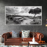 Picnic Table, Ocean Tree, Coastal Path, Windswept Scene, Framed Canvas Print, Rustic Wall Art, Fall Decor, Peaceful Beach Setting