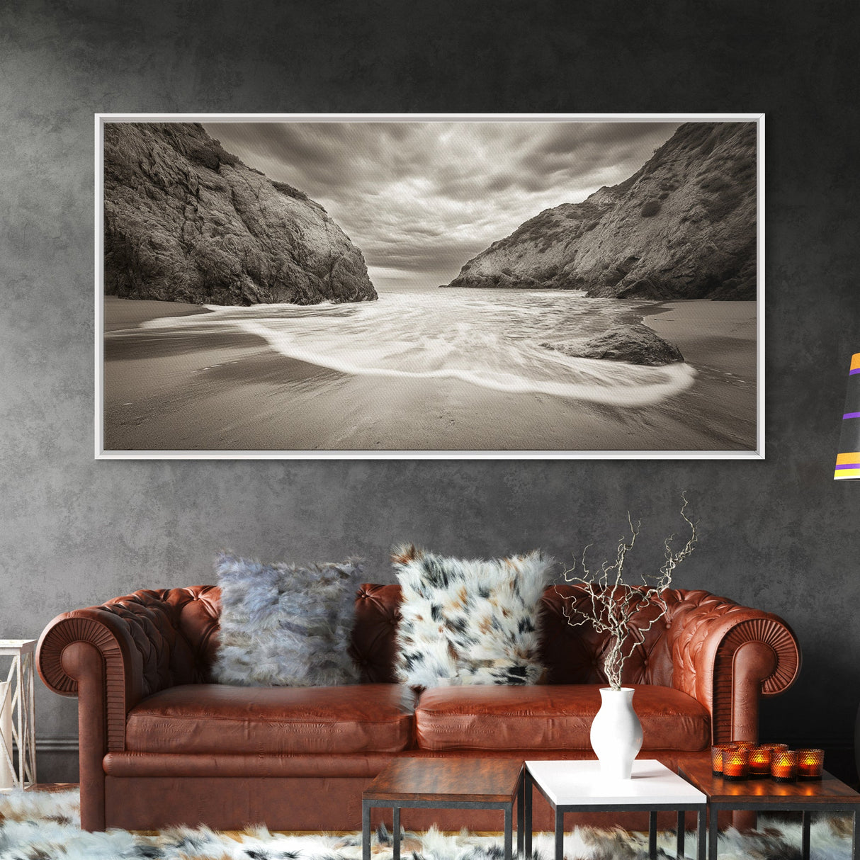 Secluded Beach Cove, Coastal Seascape, Sepia Landscape Art, Framed Canvas Print, Bathroom or Bedroom Wall Decor, Nature Inspired