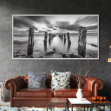Ocean Pilings, Calm Waters, Cloud Streaks, Sunset Mood, Canvas Print, Minimalist Seascape, Bedroom Wall Art, Serene Beach Decor