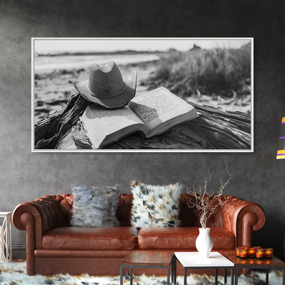 Open Book, Cowboy Hat, Driftwood Beach, Peaceful Shore, Canvas Print, Western Boho Art, Reading Nook Wall Decor, Fall Vibes, Office Wall Decor