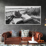 Open Book, Cowboy Hat, Driftwood Beach, Peaceful Shore, Canvas Print, Western Boho Art, Reading Nook Wall Decor, Fall Vibes, Office Wall Decor
