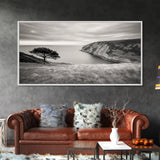 Coastal Cliff View, Solitary Tree Scene, Modern Minimalist Style, Framed Canvas Print, Calm Neutral Wall Art, Living Room Decor