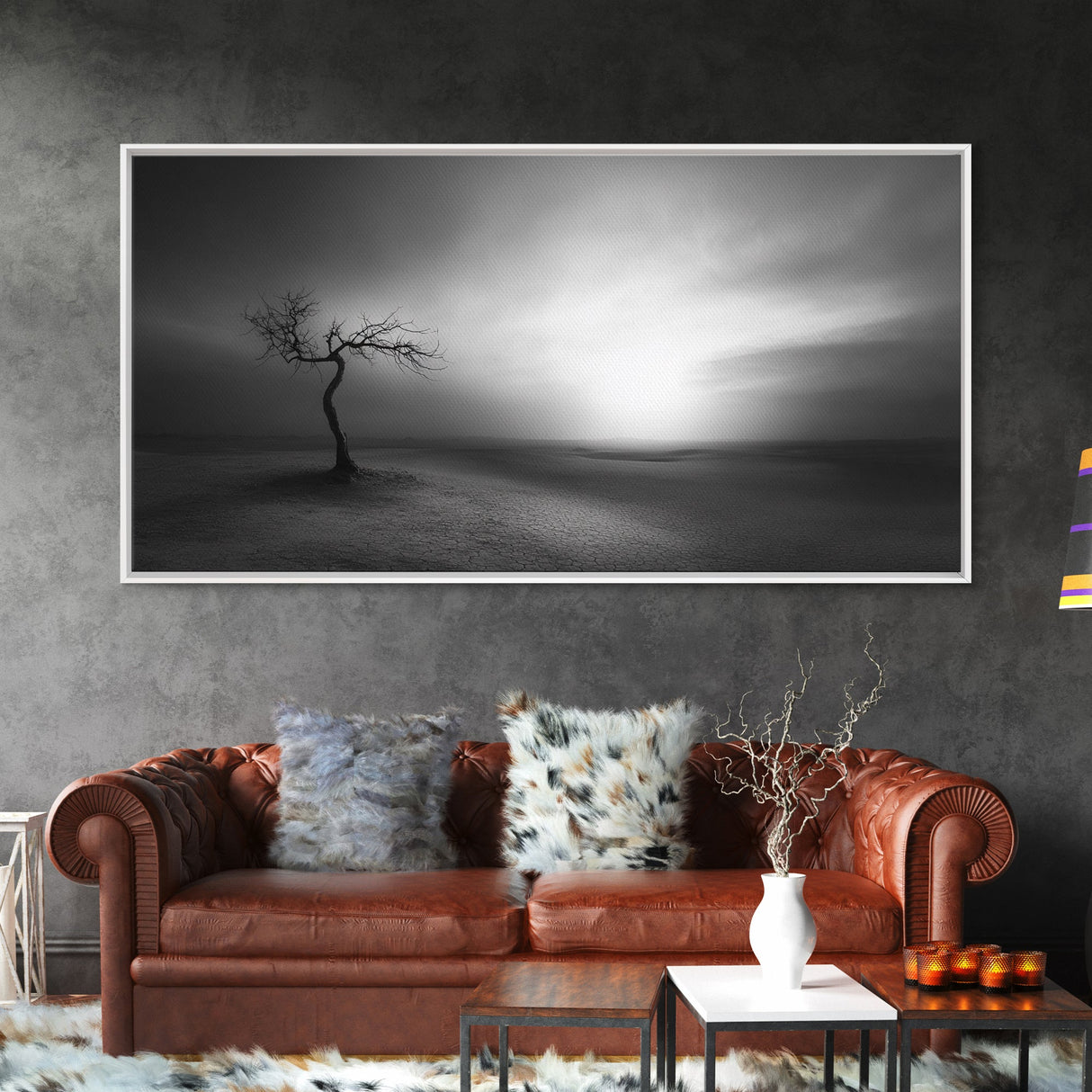Lonely Tree, Dramatic Desert, Emotional Landscape, Framed Canvas Print, Bedroom Wall Art, Black White Decor, Surreal Art Vibes