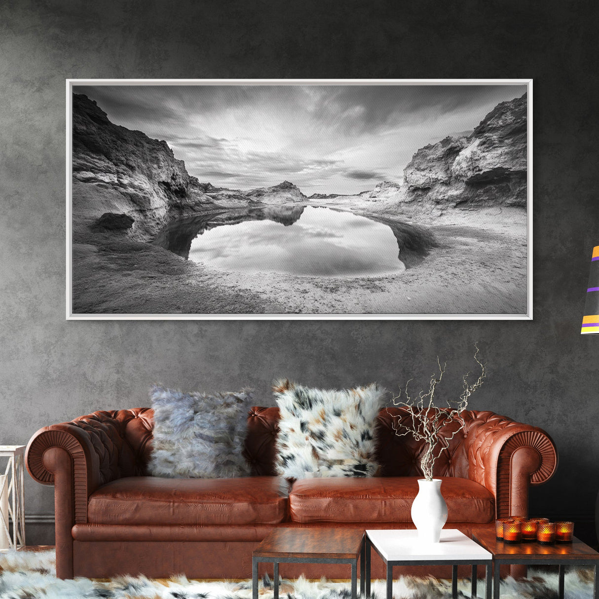 Mirror Lake, Rocky Terrain, Tranquil Waters, Framed Canvas Print, Meditation Room Art, Nature Reflection, Earthy Tones, Spa Decor