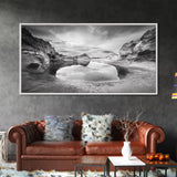 Mirror Lake, Rocky Terrain, Tranquil Waters, Framed Canvas Print, Meditation Room Art, Nature Reflection, Earthy Tones, Spa Decor