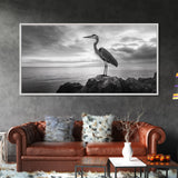 Heron Bird, Ocean Rock, Serene Wildlife, Canvas Print, Coastal Wall Art, Modern Farmhouse Decor, Minimalist Animal Scene