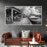 Dockside Market, Nautical Vibes, Fishing Village, Framed Canvas Print, Coastal Kitchen Art, Rustic Decor, Oceanfront Life Scene
