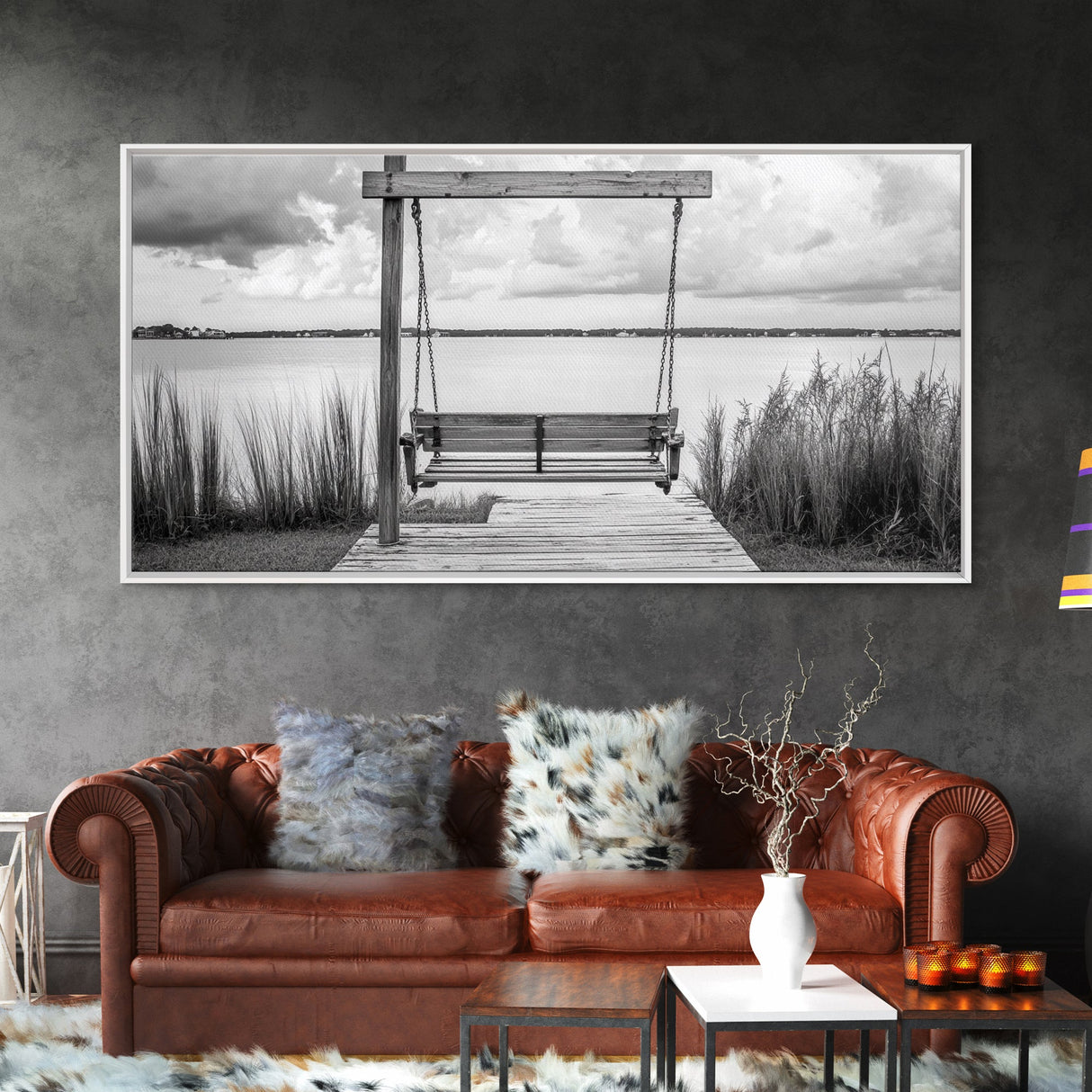 Rustic Lake Swing, Tranquil Nature Scene, Porch Art, Landscape Photography, Framed Canvas Print, Country Decor, Living Room Wall Art