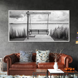 Rustic Lake Swing, Tranquil Nature Scene, Porch Art, Landscape Photography, Framed Canvas Print, Country Decor, Living Room Wall Art