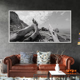 Coastal Driftwood, Beach Landscape, Pebble Shore Scene, Natural Decor Accent, Canvas Print, Relaxed Vibe, Entryway or Den Wall Art