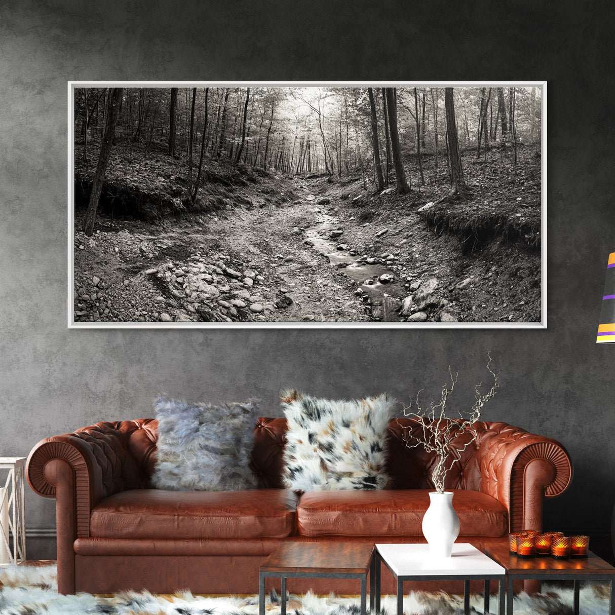 Forest Stream, Tranquil Woodland Path, Autumn Nature Photography, Framed Canvas Print, Rustic Cabin Decor, Living Room Wall Art