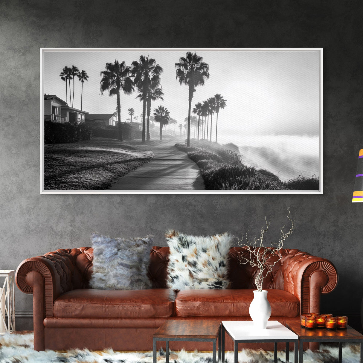 Palm Tree Pathway, Beachfront Neighborhood Vibes, Coastal Street Scene, Framed Canvas Print, Entryway Art, Minimalist Coastal Home Decor