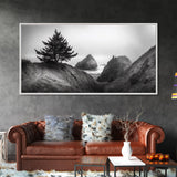 Coastal Cliff Scene, Evergreen Ocean Landscape, Pacific Northwest View, Framed Canvas Print, Nature Inspired Wall Art, Minimalist Decor