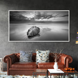 Beach Leaf Still, Autumn Nature Scene, Calm Ocean Shoreline, Canvas Print, Fall Bathroom Wall Art, Neutral Earth Tone Decor