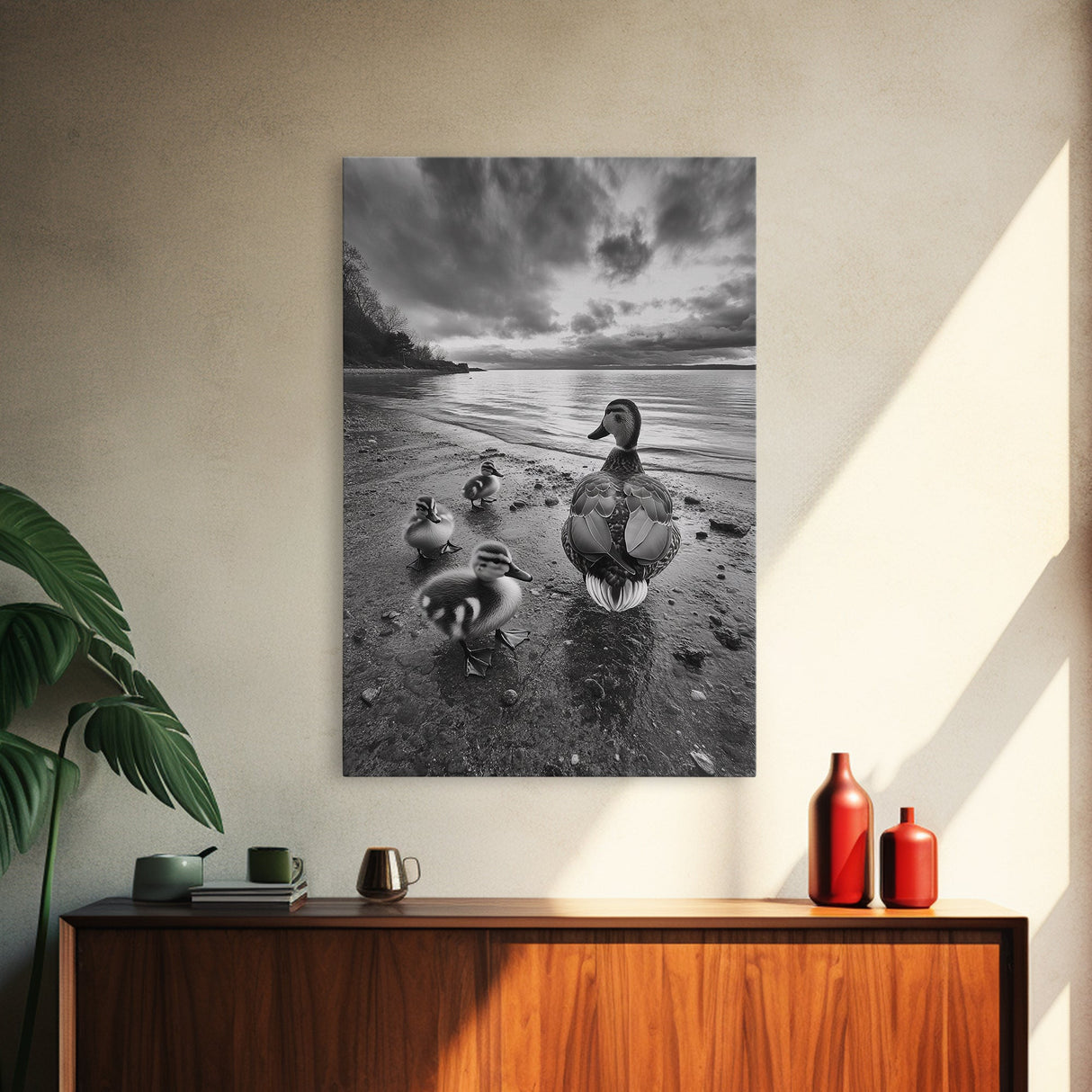 Duck Family, Lakeside Peace, Nature Walk, Canvas Print, Wholesome Wall Art, Nursery Animal Decor, Cozy Autumn Photography Style