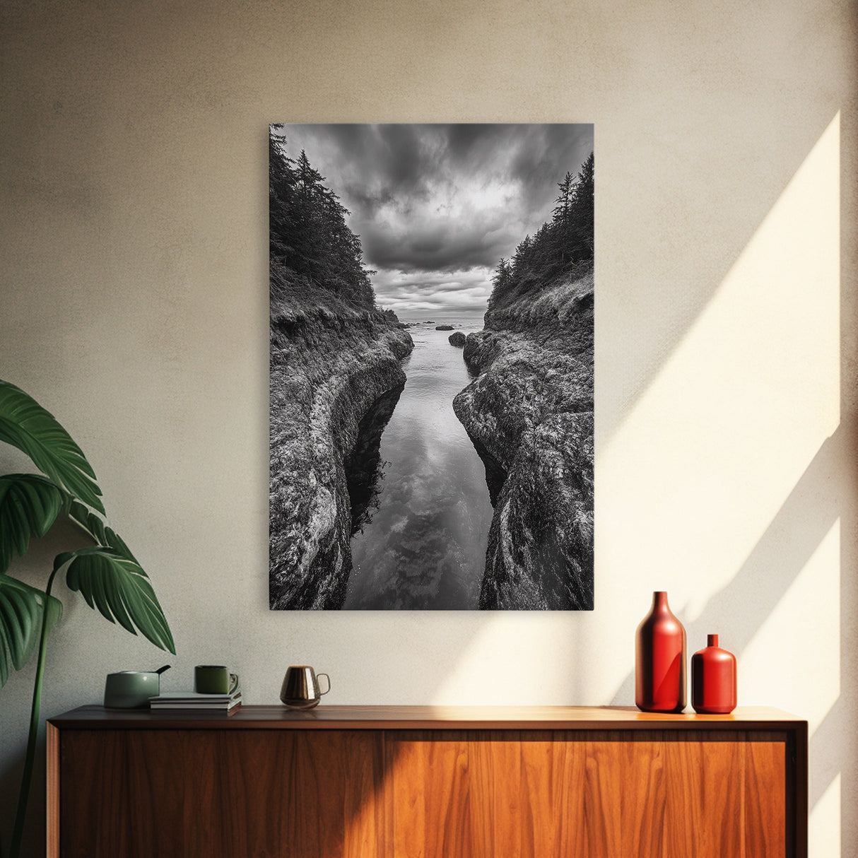Rocky Waterway, Coastal Reflections, Dramatic Cloudscape, Ocean Nature Print, Framed Canvas Print, Bathroom Wall Art, Modern Rustic Style