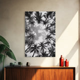 Palm Tree Sky, Tropical Canopy, Black and White Island View, Jungle Overhead Scene, Framed Canvas Print, Bathroom Wall Art, Beach Boho Decor