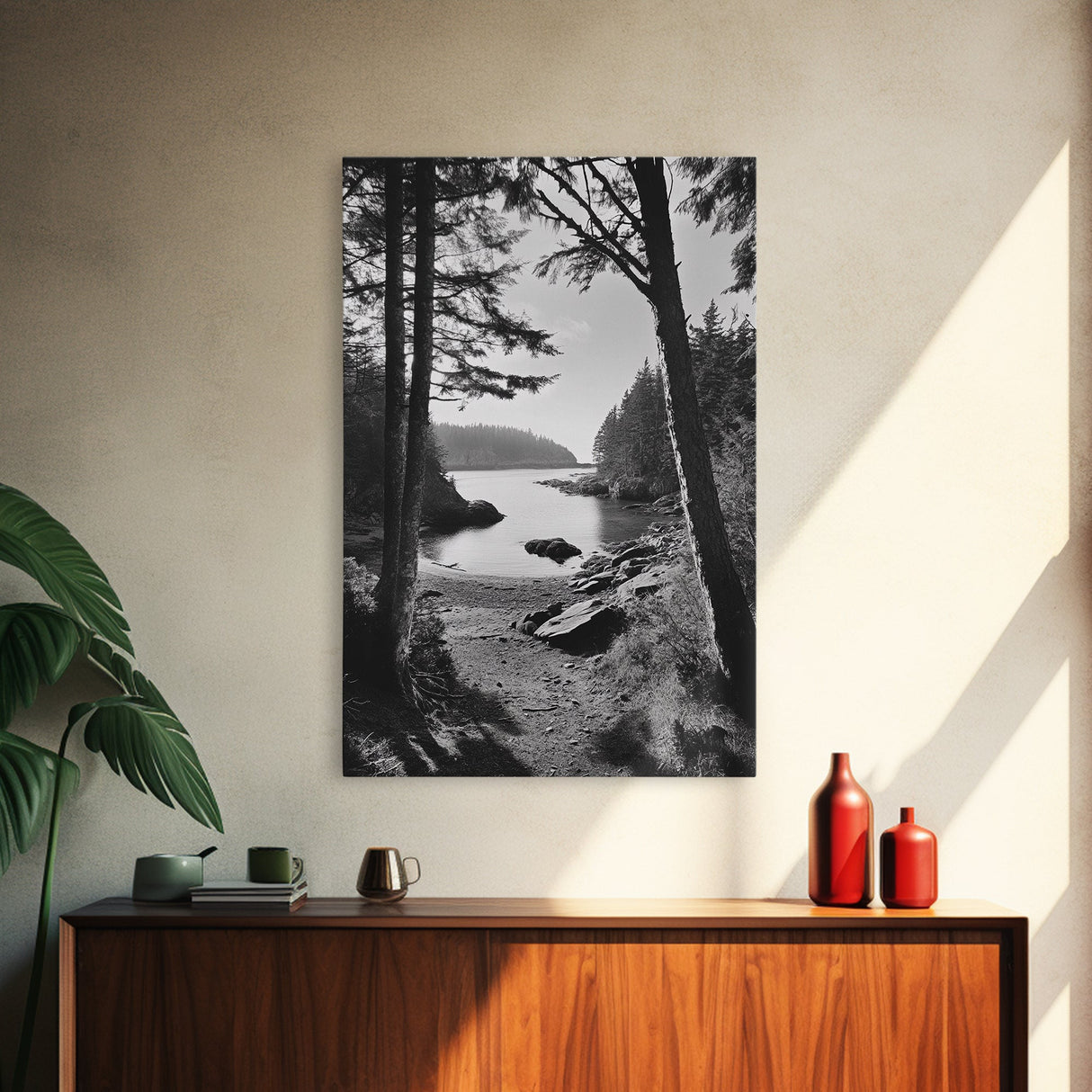 Woodland Cove Path, Tranquil Forest Scene, Nature Escape Art, Canvas Print, Cabin Wall Art, Coastal Boho Decor, Black White Landscape