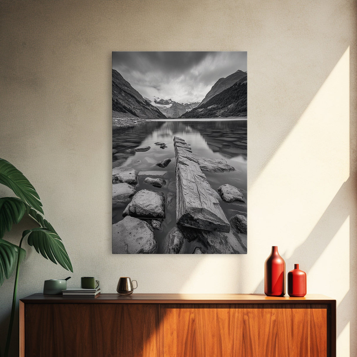 Mountain Lake Log, Alpine Serenity Scene, Tranquil Rock Shore, Canvas Print, Bedroom Wall Art, Nature Retreat, Minimalist Landscape