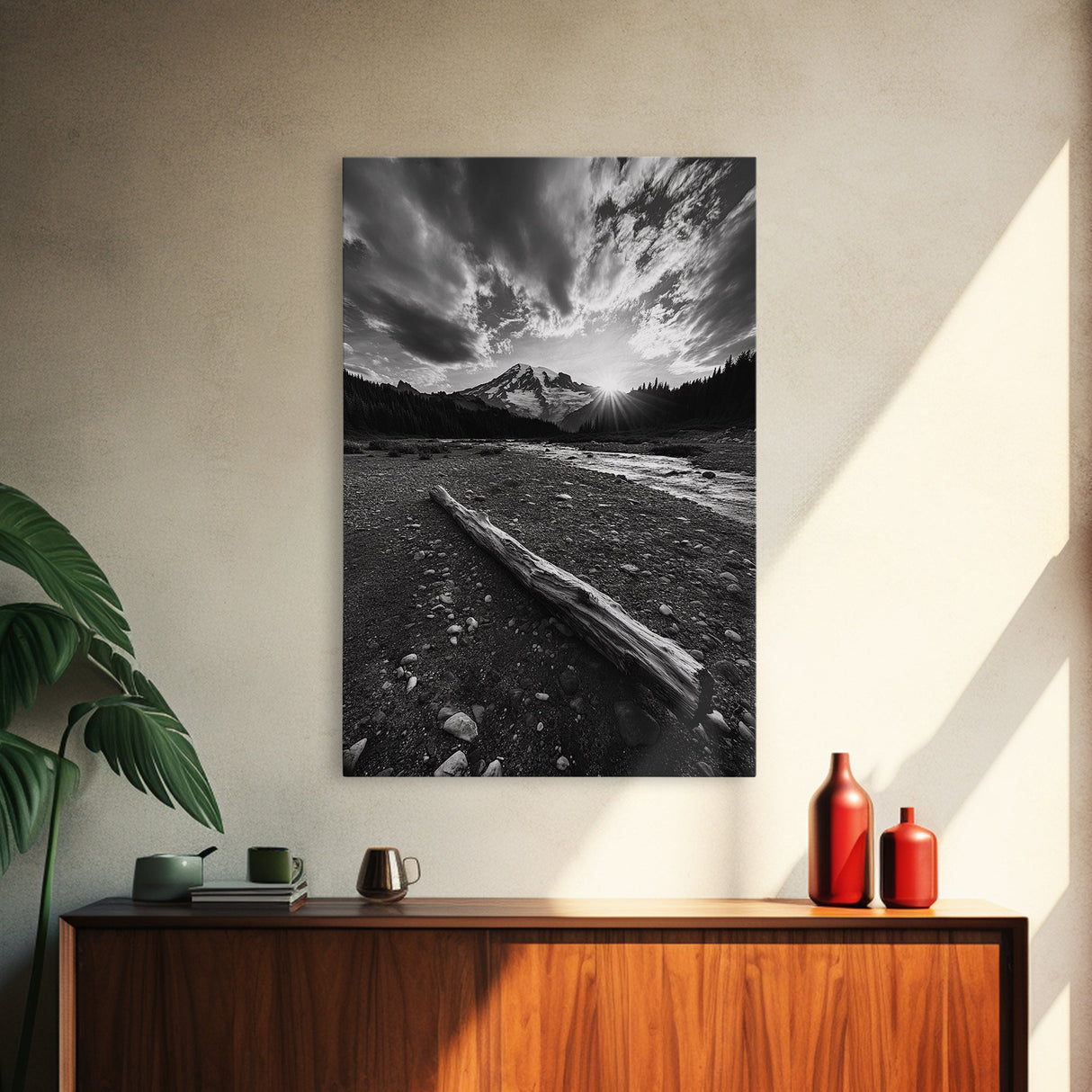 Mountain Sunrise Drift, Alpine Peak Glow, Majestic Morning View, Framed Canvas Print, Entryway Wall Art, Moody Nature Decor, Cabin Style