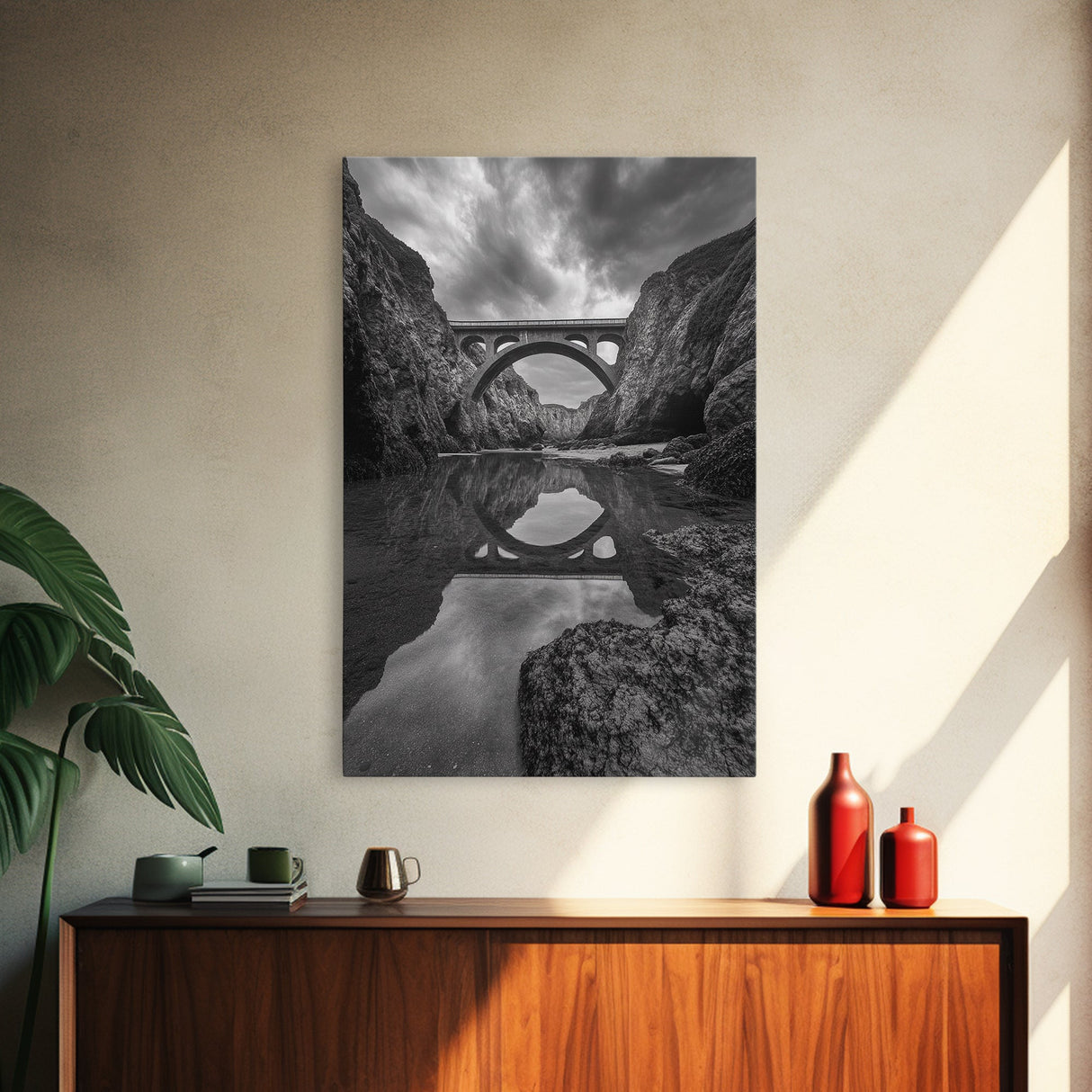 Stone Bridge, Reflections, River Archway, Nature Drama, Framed Canvas Print, Landscape Wall Art, Monochrome Photography, Entryway Art