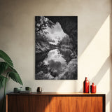 Serene River Reflection, Cave View, Monochrome Nature, Framed Canvas Print, Living Room Wall Art, Tranquil Landscape, Minimalist Decor