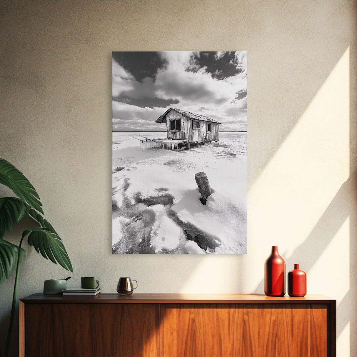 Frozen Cabin Scene, Snowy Landscape, Winter Monochrome, Canvas Print, Cabin Wall Art, Rustic Winter Decor, Nature Photography