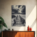 Stormy Beach Dock, Dramatic Skies, Coastal Mood, Framed Canvas Print, Fall Wall Art, Entryway Decor, Moody Seascape, Rustic Coastal Home