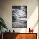 Dramatic Beach Sunset, Bare Trees Silhouette, Nature Photography, Framed Canvas Print, Fall Wall Art, Entryway Decor, Rustic Minimalist