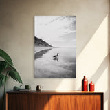 Lone Loon, Quiet Reflection, Coastal Bird, Framed Canvas Print, Nature Wall Art, Bathroom Decor, Serene Black and White Art