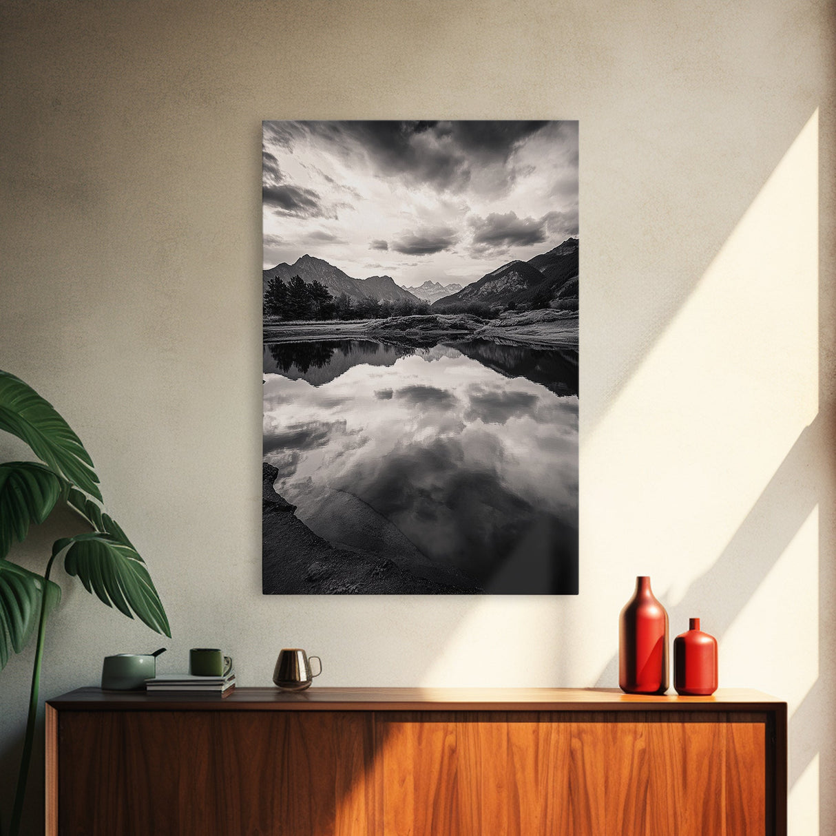 Alpine Reflections, Dramatic Skies, Mountain Serenity, Canvas Print, Living Room Wall Art, Moody Landscape Photography, Monochrome Decor