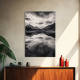 Alpine Reflections, Dramatic Skies, Mountain Serenity, Canvas Print, Living Room Wall Art, Moody Landscape Photography, Monochrome Decor